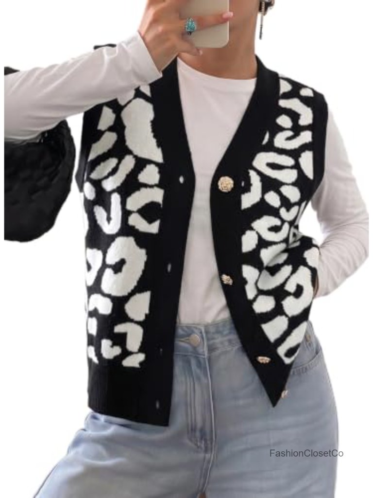 Sleeveless V Neck Cardigan Sweater Vest Leopard Print Dressy Knit Top For Women